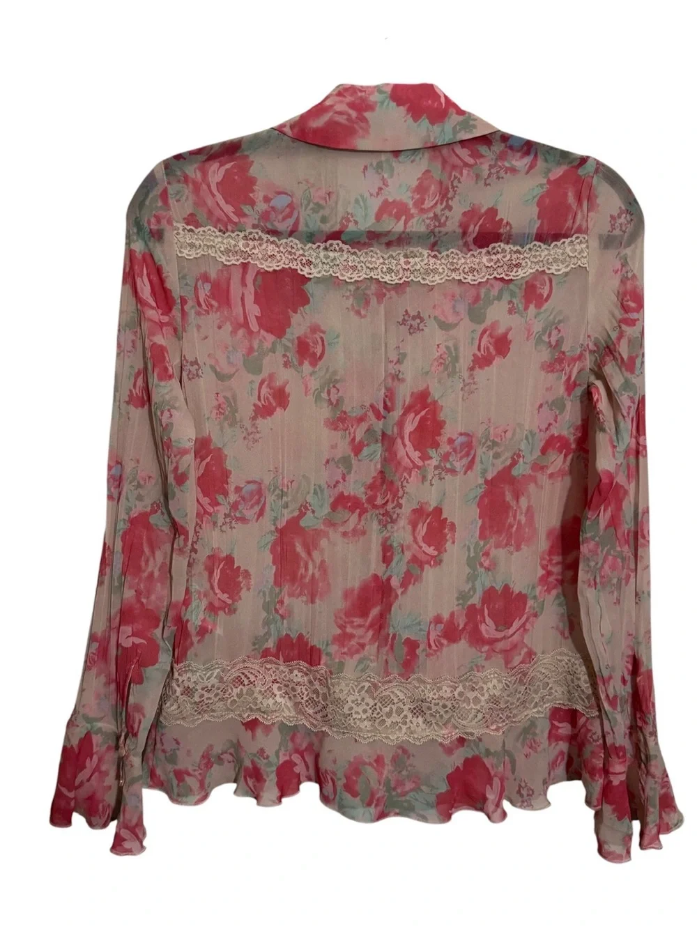 Free People X-Small Bad At Love Blouse Floral Top Sheer Ruffle Long Sleeve Boho